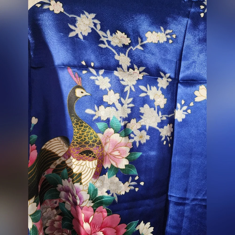 Vibrant Blue Floral Kimono with Peacock Accents Size: Small - Picture 5 of 6